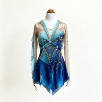 Robe de patinage artistique bleu dégradé avec strass, dos en V profond, manches longues, maille, costume de compétition de patinage sur glace, personnalisable