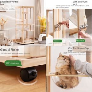 Saf Masif Ahşap Boyasız ve Akrilik Kedi Villası Kedi Yuvası Tırmanma Rafı Entegre Nefes Alabilen Büyük İç Mekan Kedi Evi Kafesi - Product Image 2