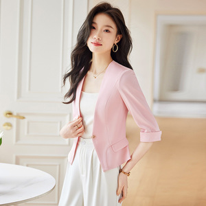 Women's Blazer Summer 2025 Slim Fit Short Jacket Breathable Solid Color Polyester For Petite Women - Product Image 4