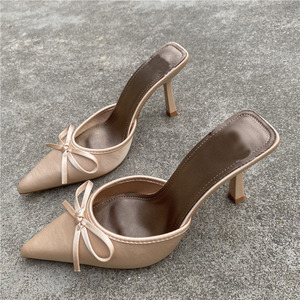 Carladies bayanlar saten kurdele slayt terlik kadınlar için kapalı Toe ile yeni moda sivri Stiletto topuklu sandalet - Product Image 3