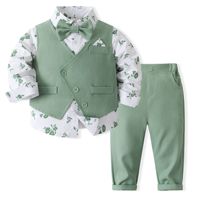 Ensemble Gilet et Chemise Florale pour Enfants avec Nœud Papillon, Costume Vert Printemps-Automne, Tenue Formelle pour Mariage et Fête, Costume de Garçon d'Honneur pour Enfants