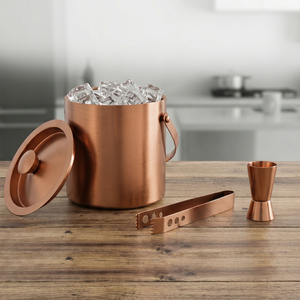 Handmade Copper Ice <b>Bucket</b> Set <b>with</b> <b>Lid</b> Tongs and Double Jigger Barware Beverage Chiller for Home Bar Cocktail Parties - Product Image 1
