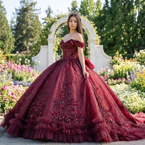 Dy8573 Elegant Wine <b>Red</b> Princess Quinceanera Ball Gown Appliques <b>Glitter</b> Chiffon Floral Embroidery Natural Shoulder Lace Dress - Product Image 1