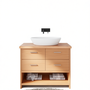 Light Brown Solid Wood Bathroom Vanity 39.4x23.6 Inches With Drawers Modern Minimalist Design Floor Standing - Product Image 1