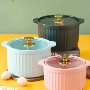 Wholesale creative matt colored glaze ceramic casserole with glass cover high temperature resistant domestic stew pot