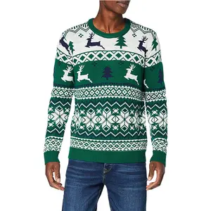 कस्टम थोक यूरोप और अमेरिका स्वेटर दौर गर्दन लंबी आस्तीन पशु पैटर्न पुरुषों की क्रिसमस स्वेटर