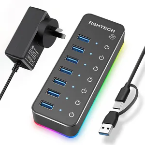 RSHTECH Powered RGB 7 Port USB 3.0 Hub Individual 7 em 1 RGB LED Strip 20W com adaptador de alimentação Hub USB para Laptop Pc