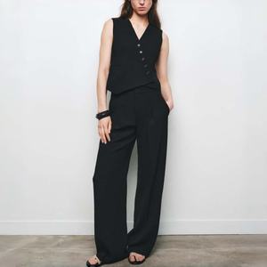 J1048 Traje de <span class=keywords><strong>chaleco</strong></span> de moda <span class=keywords><strong>para</strong></span> mujer, <span class=keywords><strong>chaleco</strong></span> de un solo botón <span class=keywords><strong>con</strong></span> cuello en V, pantalones de pierna ancha <span class=keywords><strong>con</strong></span> bolsillos de cintura alta, traje casual de dos piezas <span class=keywords><strong>para</strong></span> mujer, ideal <span class=keywords><strong>para</strong></span> el verano. - Product Image 1