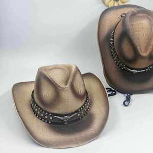 Hotsale High Quality Roll up Brim Mexico <b>Straw</b> Sombrero <b>Hat</b> Spray Paint Cowboy <b>Hats</b> With Decoration Band - Product Image 6