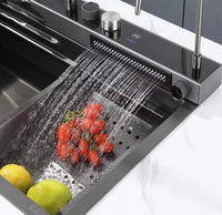 Évier de cuisine de luxe en acier inoxydable SUS304 noir nano, fait main, multifonction, avec cascade et fonction pluie, évier simple pour poste de travail