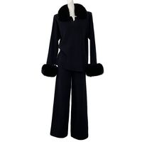 Ensemble décontracté deux pièces en laine anti-boulochage pour femme, collection automne-hiver, avec col et poignets en fourrure de renard véritable, coupe ample et unie