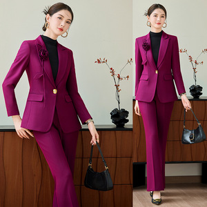 Women's Professional Suit Set Purple Polyester Anti-Wrinkle Office Lady Autumn Full Sleeve Formal Work Wear - Product Image 1