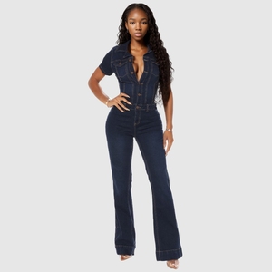 Combinaison en jean extensible à col en V et boutons, coupe large et droite, pour femme - Nouvelle collection - Product Image 2