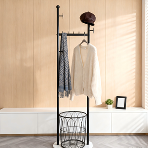 Porte-manteau moderne en argent noir en forme de H avec base en panier à fleurs, comprend un porte-parapluie - Product Image 3