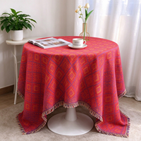 Nappe de table géométrique en jacquard diamanté vintage, nappe ronde tissée douce avec bordure à franges