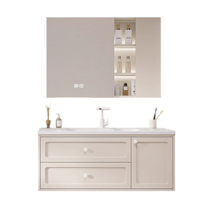 Nouvelle armoire de salle de bain style crème, lavabo intégré en céramique ardoise de luxe, meuble de rangement intelligent en bois massif - Product Image 4