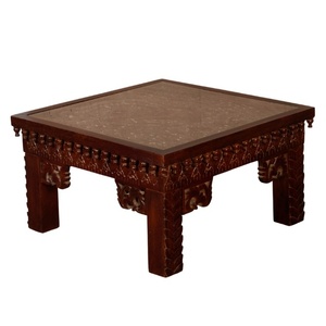 Hand-Carved <b>Solid</b> <b>Wood</b> Coffee <b>Table</b> with Marble <b>Top</b> | Traditional Low Floor Seating Center <b>Table</b> - Product Image 2