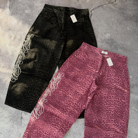 Pantalon en jean large pour homme à imprimé léopard, brodé, style vintage, délavé, noir et rose, personnalisable en usine, compatible OEM ODM