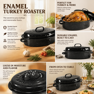 Black Enamel Oval Roasting Pan with Lid – Graniteware Turkey, Chicken & Fish Baking Pot (13/16/18 Inch)