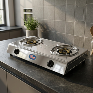 Cocina de Gas Portátil de Acero Inoxidable con 2 Quemadores, Control de Perilla, Encendido Electrónico y Protección Contra Apagado de Llama para Uso Doméstico y Hotelero - Product Image 1