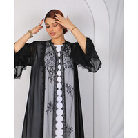 Ensemble Abaya de Luxe en Dentelle Noire et Mousseline Premium, Kimono Ouvert avec Robe Intérieure, Idéal pour Occasions Spéciales