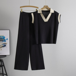 Women's New Loose Casual V-Neck Sleeveless Knit <b>Top</b> Pants 2 Piece Set Fashion - Product Image 2