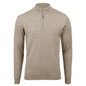 Pull en tricot pour homme 100% laine, col demi-zip, couleur unie, manches longues, côtelé épais, pour l'automne - Product Image 1