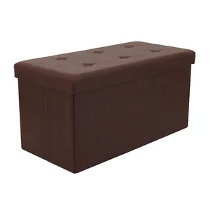 Bench Modern Luxury Brown Leather Pouf Foldable Storage Ottoman Space Saving Living Room Bench