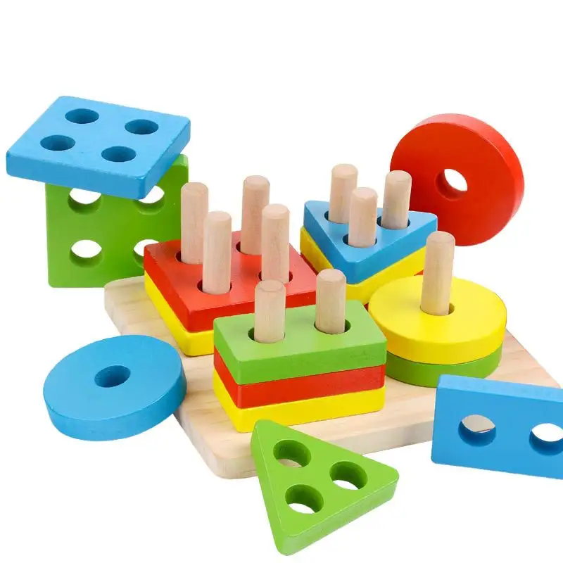 את ארבעה סטים של עמודות עץ צורה גיאומטרית התאמת צורת צבע זיהוי מיון בלוקים צעצוע סט