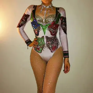 Sexy Bodysuit Tijger Hoofd Kostuum Glas Fonkelende Kristallen Jumpsuit Nachtclub Partij Pole Dance Kleding Zanger Dancer Kostuum