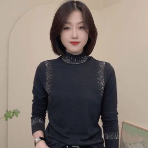 Women's High Neck Long Sleeve Sweater With Rhinestone Embellishments Solid Color Fashionable Base Layer Autumn Winter Style - Product Image 4