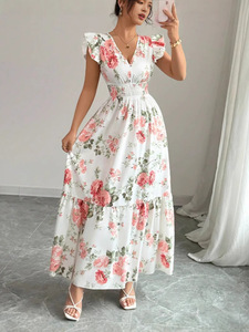 Vestido de Verano Transpirable, Elegante, Casual/Formal, para Mujer, sin Mangas, Cuello en V, Estampado Floral, con Volantes en el Dobladillo, Cintura Natural - Product Image 2