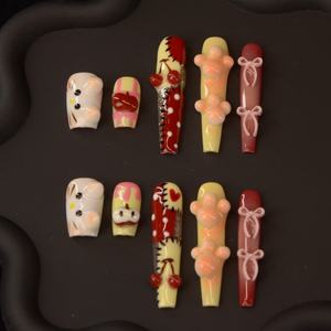 Lange Mandelförmige Aufklebenägel Maßgefertigte Herbst-ABS-Kunstnägel Vollständige Abdeckung Braune Französische Spitze Vorgeklebte Falsche Nageldesigns mit Glitzer - Product Image 1