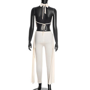 Viviblook J25ST467 Nouvel ensemble pour femmes, couleur unie, dos nu, sans manches, débardeur court, pantalon à ruban, ensemble deux pièces - Product Image 3