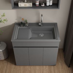 Mueble de lavadero con lavadero integrado, de aluminio, con espacio para lavadero, grifo monomando, combo de tocador de baño - Product Image 1