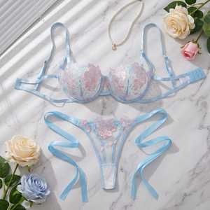 Conjunto de lencería de encaje con aros y bordado floral azul para mujer, sujetador transparente y tanga con lazo lateral, estilo francés, ropa interior sexy para mujer - Product Image 2