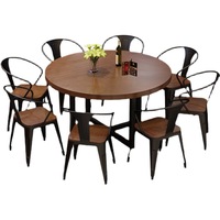Table et chaises de restaurant style industriel en bois massif et fer forgé, idéales pour café, restaurant, et tables rondes commerciales pour hot pot.