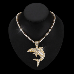 Wholesale 15mm Cuban Link Chain Hip Hop Shark Pendant Bling Rhinestone Zinc Chain <b>Chokers</b> Necklace - Product Image 5