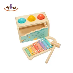 KIU Wooden Pounding and Hammer Wooden Toy Knocking Ball Bench Wooden Musical Pounding Toy for Toddlers