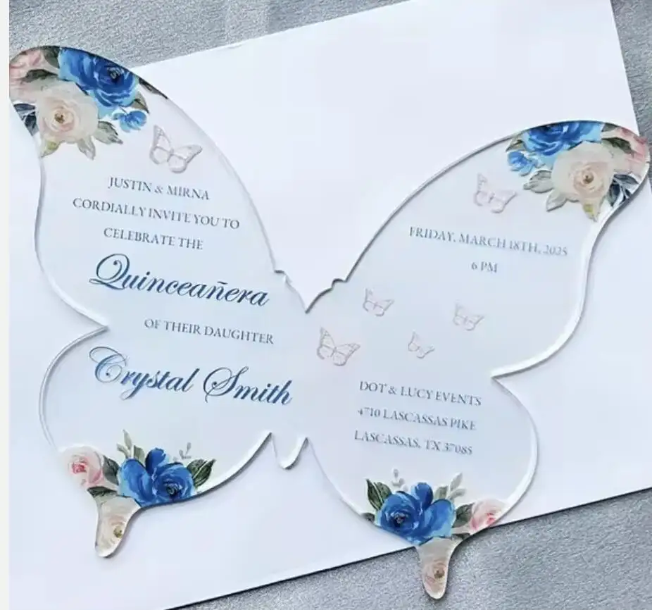 Vendita calda trasparente farfalla acrilica dolce carta d'invito Quinceanera Party Festival forniture