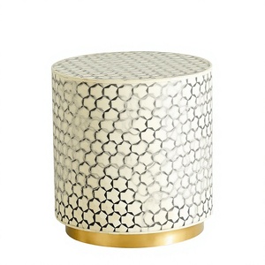 Ivory Geometric Inlay Round Side <b>Table</b> Handcrafted Octagon <b>Mosaic</b> Pattern Gold Base Luxury End <b>Table</b> Designer Home Furniture - Product Image 1