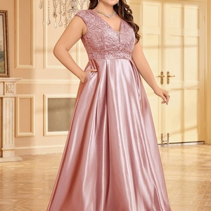 Robes de soirée luxueuses grande taille pour femmes, sans manches, col en V, en satin et dentelle, robes de mariée style A, robes de demoiselle d'honneur - Product Image 5