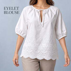 Blusa de Verano para Mujer al por Mayor, 100% Algodón, Bordada, Blanca, Manga Corta Abullonada, Cuello Redondo, con Ojales y Dobladillo Festoneado - Product Image 1