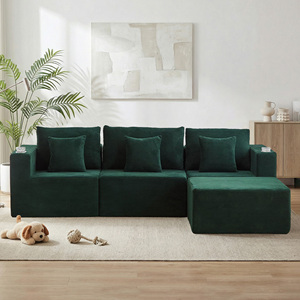 Sofá Seccional Modular en Forma de L de Tres Plazas, Envasado al Vacío, Contemporáneo, de Chenilla, Convertible, Sin Ensamblaje, con Respaldo Acolchado, para Sala de Estar - Product Image 1