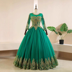 Green Ball Gown Empire Waist O-Neck Long Sleeve Tulle Evening Dress Formal Wear - Product Image 1