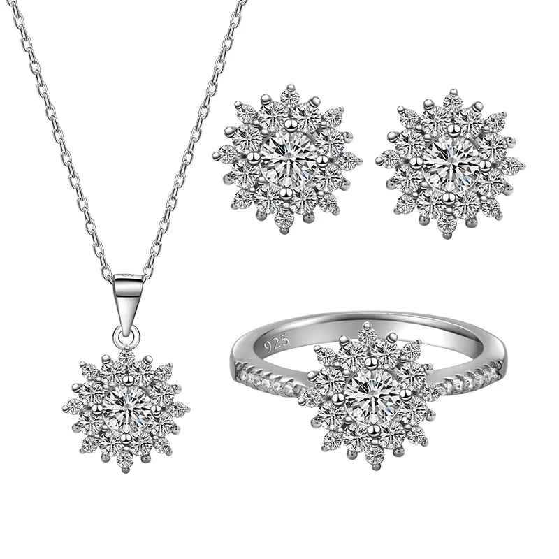 Set Perhiasan Kepingan Salju Kubik Zirkonia 925 Perak Murni Perhiasan Set CZ Berlian Perhiasan Pengantin
