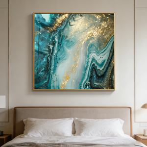 Cuadro Decorativo Abstracto Hecho a Mano con Textura de Madera en Tono Azul Turquesa Neutro y Dorado, Diseño Grande para Decoración del Hogar - Product Image 2