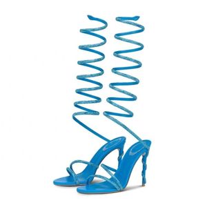 Tacones de aguja sexys con correa larga de 10 cm, punta cuadrada, diseño de serpiente en espiral negra para mujer - Product Image 5