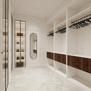 Dressing moderne polyvalent avec étagères LED, miroir pleine longueur, plusieurs tiroirs, étagères ouvertes, tringles de suspension, blanc - Product Image 1