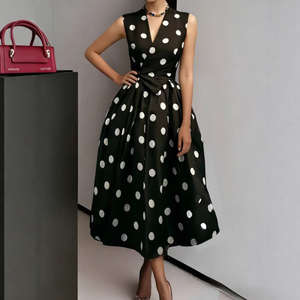 Abito Midi Senza Maniche con Stampa <span class=keywords><strong>a</strong></span> <span class=keywords><strong>Pois</strong></span> e Scollo <span class=keywords><strong>a</strong></span> V, Elegante <span class=keywords><strong>Vestito</strong></span> Formale da Ufficio con Cintura in Vita per Donna - Product Image 2